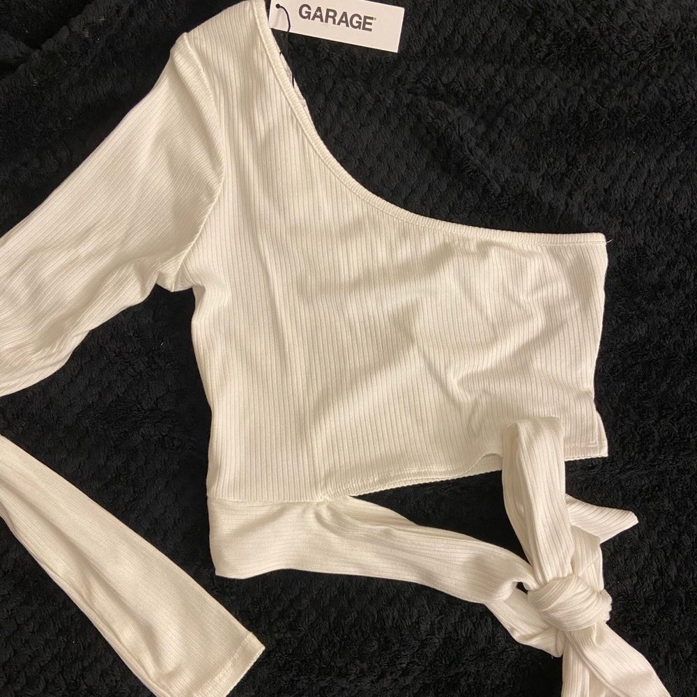 white one shoulder long sleeve top with tie
